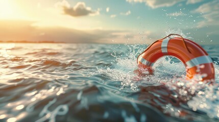Obraz premium dramatic view of lifebuoy making splash in ocean waves concept illustrations