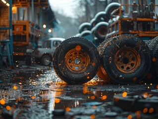 Rusty Metal and Rubber Wheels from Old Equipment