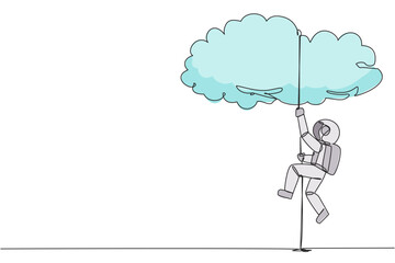 Single continuous line drawing young astronaut climbing clouds with the rope. A metaphor for hanging dreams sky high. Ultimate success. Hard worker. Work smarter. One line design vector illustration