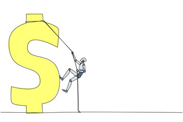 Continuous one line drawing smart robot climbs dollar symbol. Metaphor looking for extra money because of high needs. Smart work combined with hard work. Single line draw design vector illustration