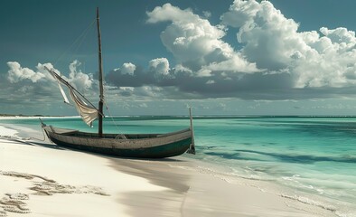 A Stunning and Surreal Landscape of a Turquoise Ocean, White Sand Beach and an Old Wooden Fishing Boat on the Shore,
