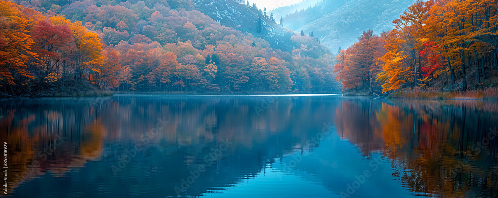 Wall mural Autumn reflection in a mountain lake, fall foliage, mirrored colors, serene beauty.