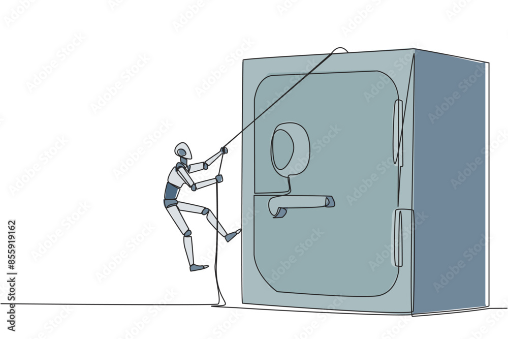 Poster continuous one line drawing smart robot climbs safe deposit box with the rope. helps secure importan