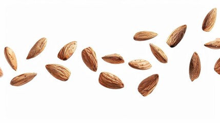 Obraz premium dynamic flying almonds isolated on white levitating nuts cut out photograph