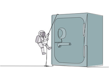 Single one line drawing young astronaut climbing safe deposit box with the rope. Helps secure important company data. Stored in a safe and trusted place. Continuous line design graphic illustration