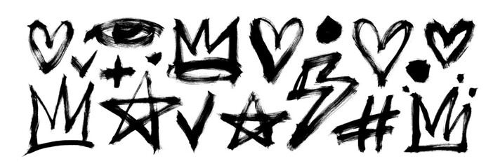 Collection of scribble doodle shapes with dry brush texture. Hand drawn crowns, stars, eye, lightning and hearts. Brush drawn graffiti and grunge style elements. Vector shapes in punk style.