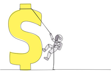 Continuous one line drawing astronaut climbs dollar symbol with rope. Metaphor looking for extra money because of high needs. Smart work combined with hard work. Single line design vector illustration