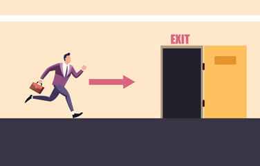 Businessman running to the exit door. A man running for emergency evacuation. The concept of human resources resignation. Deciding to go in a better direction. Flat vector illustration