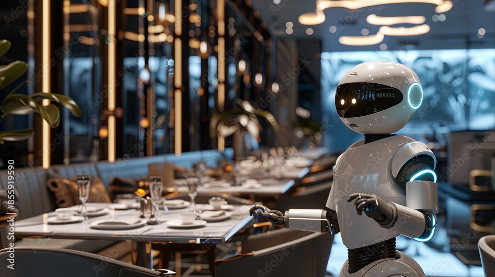 Fototapete A sleek, modern restaurant utilizes AI-powered robots to enhance customer service, showcasing a seamless and futuristic dining experience. Generative AI