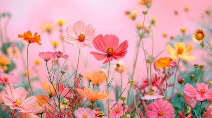 Fototapeta premium A field of pink and orange cosmos flowers in a soft, dreamy light.