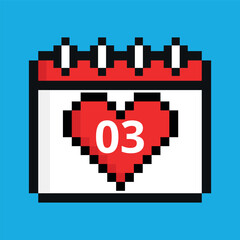 Vector illustration of red calendar icon with heart in pixel art with specific day marking a specific day, day 03.