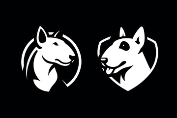 Bull terrier dog logo set. White on black background. Modern vector illustration