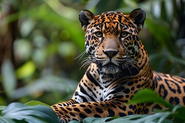 Fototapeta premium Majestic Jaguar in Lush Green Jungle Wildlife Photography for Nature and Animal Enthusiasts
