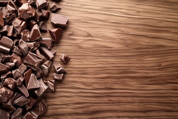 Naklejka premium Dark chocolate chunks in a wooden surface. Natural light. Top view. Flat lay. Copy space