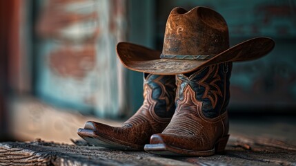 A pair of worn cowboy boots and a hat sit on a wooden plank, suggesting a life of adventure and hard work.