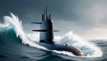 Fototapeta premium A colossal nuclear-powered military submarine surging up through towering, white-capped waves, its powerful engines propelling it skyward.