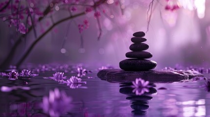 Obraz premium A serene Zen garden scene with a stone cairn balanced on a rock amidst a purple flower field and misty water.