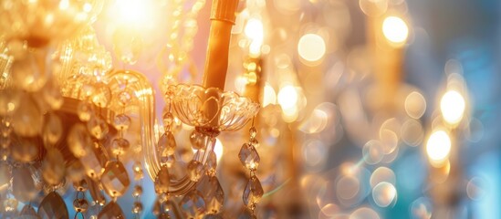 Chandelier lamp classic glass close up blur background out of focus abstract beautiful background. Copy space image. Place for adding text and design