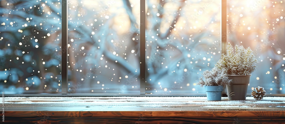 Poster desk of free space and window of winter . copy space image. place for adding text and design