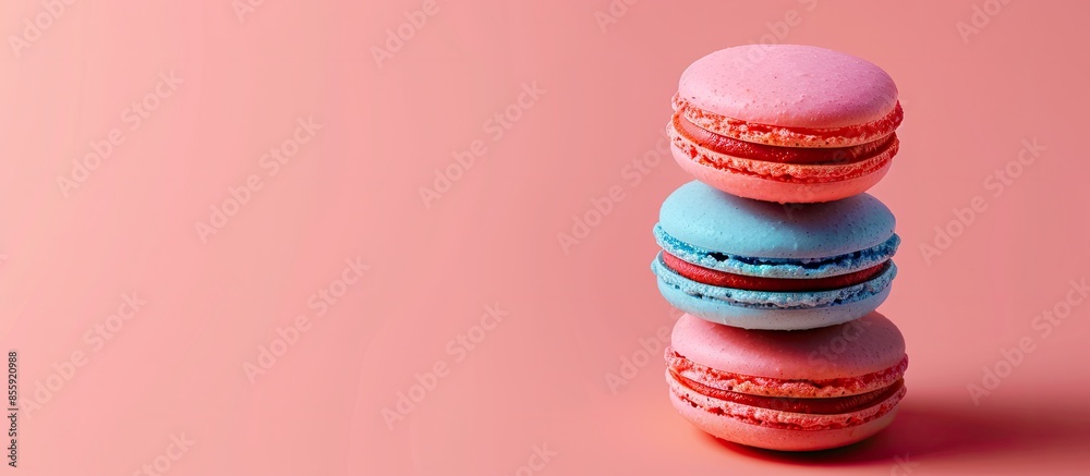 Poster Tasty colorful macaroon Isolated on pastel background. Copy space image. Place for adding text and design