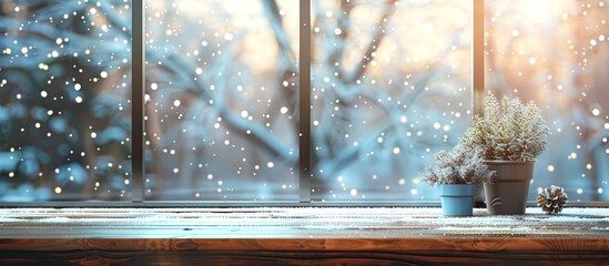 desk of free space and window of winter . Copy space image. Place for adding text and design