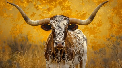 A Texas Longhorn bull stares intently at the camera, its massive horns and spotted coat standing out against a golden fall background.