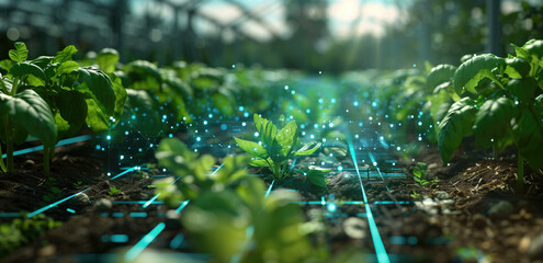 High-Tech Vegetable Field Background with Digital Data Overlay. Advanced agricultural scene with plants and holographic information. Precision farming and technology concept.