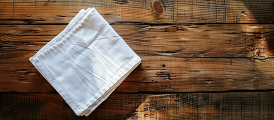 Napkin on table in perspective. Napkin close up top view mock up for design. Place for text. Copy space image. Place for adding text or design