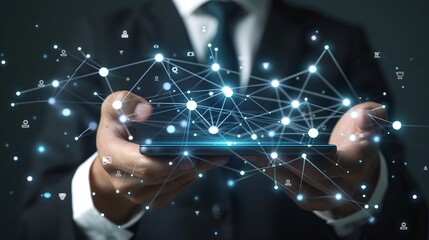 A 3D rendering depicting modern devices connected in a businessman's hand, symbolizing digital connectivity and technology.