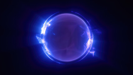 Abstract purple bright glowing background with a sphere core atom energy burning ball circle made of waves of energy rays and plasma with light