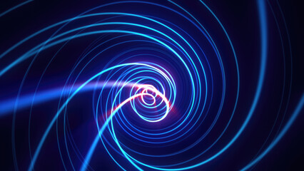 Abstract bright blue background tunnel with flying lines of energy particles and light rays