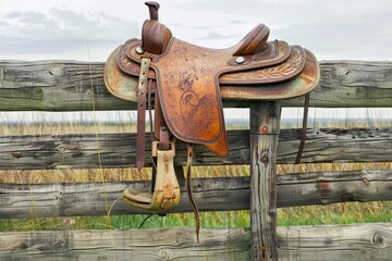 A weathered leather saddle rests on a wooden fence post,  evoking a sense of rustic charm and the spirit of the American West.