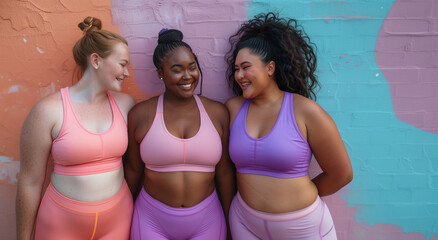 Three women of diverse backgrounds stand against a vibrant wall, each wearing colorful sportswear. They are smiling and engaged in conversation, showcasing confidence, friendship, and body positivity.