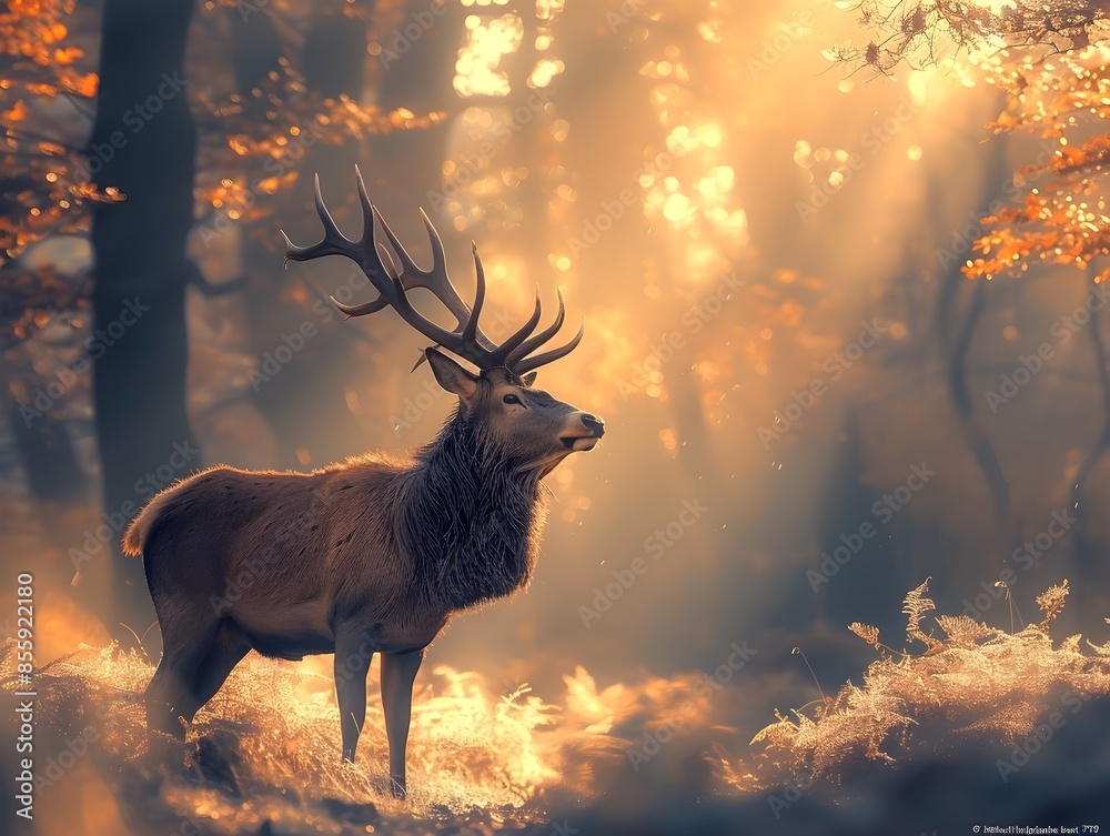 Sticker Majestic stag standing in a misty forest antlers illuminated by golden sunlight