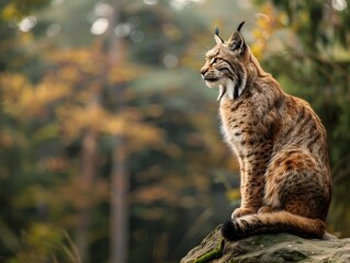 Obraz premium Majestic Lynx Sitting on Rock Observing the Autumn Forest with Keen Eyes