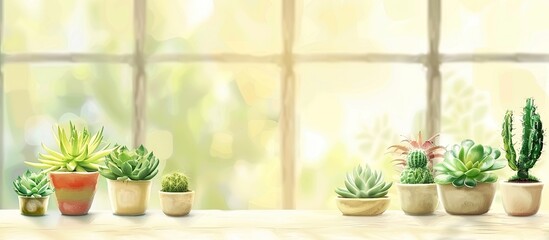 Fototapeta premium Succulent cactus gardening background. Home plant garden on the window. Copy space image. Place for adding text and design