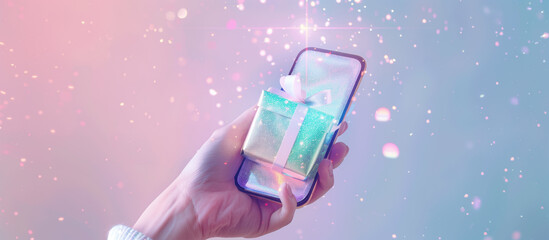 hand holding a gift box emerging from a smartphone screen essence of e commerce and giving online shopping