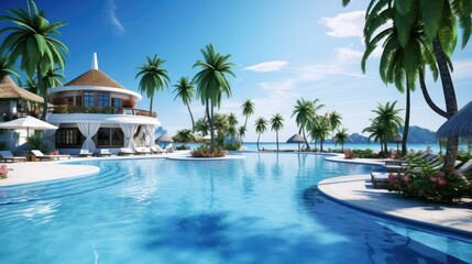 Fototapeta premium panoramic holiday landscape luxury beach poolside resort hotel swimming pool beach