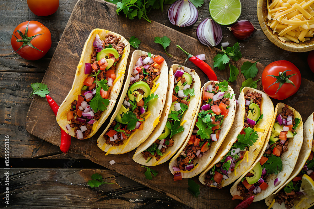 Wall mural homemade tacos with assorted fillings on rustic wood table