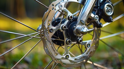 A close-up view of a road bike's brake disc, showing the details of its front wheel axle and damper system used for maintenance in a bike shop.