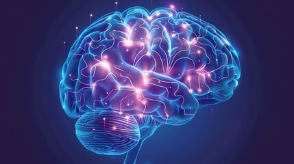 Fototapeta premium Colorful digital illustration of a brain with glowing neural connections, representing cognitive function and neurological activity.