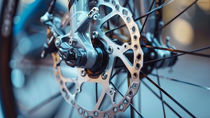 A close-up view of a road bike's brake disc, showing the details of its front wheel axle and damper system used for maintenance in a bike shop.