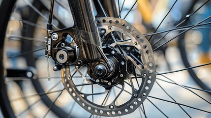 Obraz premium A close-up view of a road bike's brake disc, showing the details of its front wheel axle and damper system used for maintenance in a bike shop.