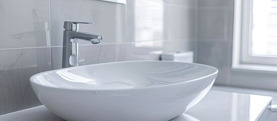 Water facuet and white sink decoration interior of bathroom and toilet. Copy space image. Place for adding text and design