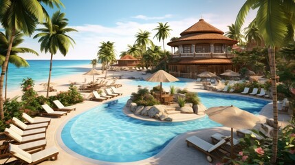 Fototapeta premium panoramic holiday landscape luxury beach poolside resort hotel swimming pool beach