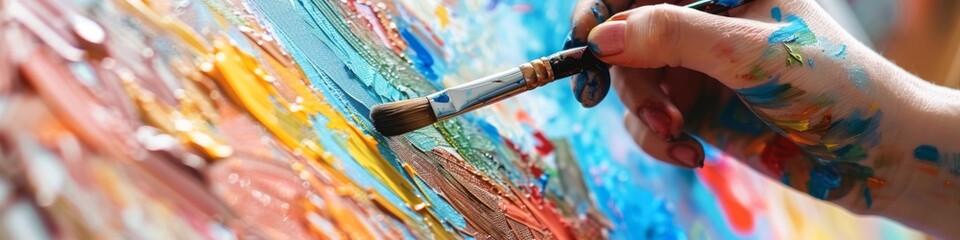 Obraz premium People Engaging in Art Therapy Workshop Using Paints, Brushes, and Canvases to Express Their Artistic Creations. Creativity and Self-Expression for Mental and Emotional Health Benefits. High-Resolutio