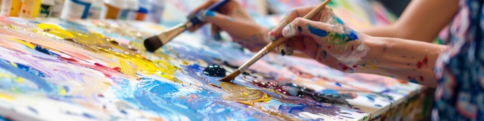 People Engaging in Art Therapy Workshop Using Paints, Brushes, and Canvases to Express Their Artistic Creations. Creativity and Self-Expression for Mental and Emotional Health Benefits. High-Resolutio
