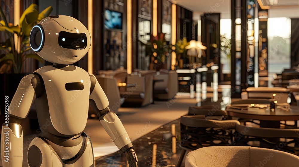 Poster an ai-powered robot stands ready to serve customers in a sleek and modern hotel restaurant. generati