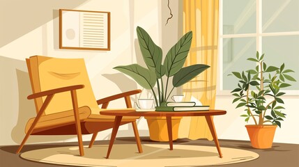 Vector of interior design with wooden coffee table setup.