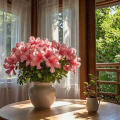 햇살이 비추는 진달래 화분이 있는 평화로운 거실